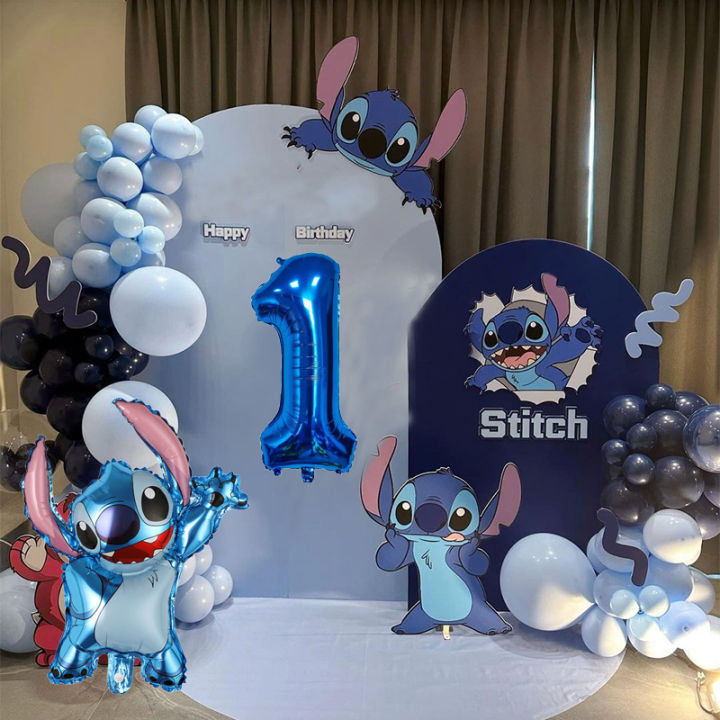 Stitch Birthday Party Decorations, Cartoon Stitch Theme Party Supplies  include Backdrop, Stitch Balloons for Boys Girls Stitch Party Favors 