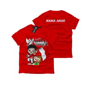 Kaos Anak Merah Motif Kemerdekaan dengan Stiker Custom Nama - Bahan Katun Lembut