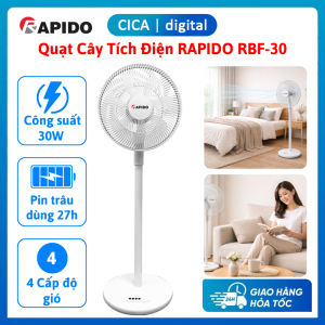 Quạt Cây Tích Điện RAPIDO RBF-30 Kèm Điều Khiển Công Suất 30W 4 Tốc Độ Gió Làm Mát Nhanh Vận Hành Êm Tiết Kiệm Điện Bảo Hành 24 Tháng