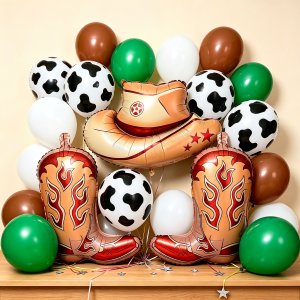 58pcs balloon set Western cowboy-themed balloons with cowboy hats and cowboy boots foil perfect for Western cowboy-themed decorations outdoor picnic parties farm party decorations birthday parties and indoor or outdoor party balloon decorations.