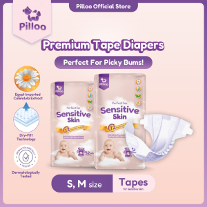 Pilloo Baby Diaper Tape S-M | Ultra-Soft | Egypt Calendula Extract | Dry-Fitt Technology | 3D Pearl Surface | Seamless Waistband | S52M48