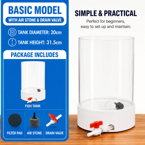 [AquaBox.my]Cylinders Fish Tank | Round fish tank |Aquarium with Air Stone & Hydroponic Plant Basket[Bottom Drain]