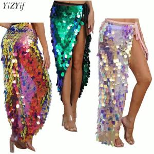 Womens Sequins Dance Skirt Lace-Up Mermaid Hip Scarf Wrap Long Belly Dance Hip Skirt Festival Dance Stage Performance Costumes