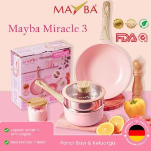 [BERKUALITAS] Panci Set Pink serbaguna bahan keramik Original MAYBA MIRACLE PINK 3/5PCS  Anti Lengket panci wok pan 24 cm sauce pan 16cm Ceramic diatas teflon frypan tutup kaca