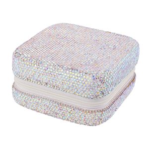 XINSU38 Luxury Bling Rhinestone Jewelry Box Square Double Layer Portable Ring Holder Fashion Zipper Closure Studded Jewelry Organizer Household