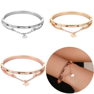 DOWNA Luxury Rose Gold Forever Love Heart Dangle Bracelet Cuff Bangles Roma Letter Stainless Steel
