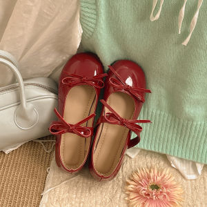 G7 Red Retro Round Toe Flat Leather Shoes for Women 2025 New Spring and Autumn French Mary Jane Shoes with Bow and Skirt 7/7