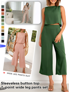 Womens Summer Sleeveless Tank Top 7 Points Wide Leg Pants Set Navel Pocket Top Wide Leg Pants Set