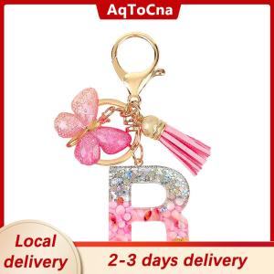 [COD] AqToCna Ship within 24 hours A-Z Dreamy Sequin Letters Keychain For Women Tassel Butterfly Pendant Initial Keyring Purse Suspension Bags Charms Car Key Chain