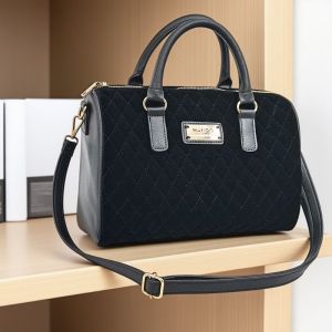 MANGO Quilted Velvet Hand Bag with Sling (Black with Gold Hardware)