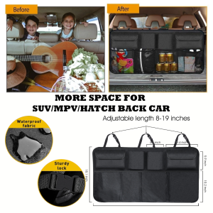 8 Pocket Car Rear Back Seat Storage Organizer Hook Hanger Holder Mesh Net Velcro Magic Tape Adjustable Foldable Waterproof SUV MPV Hatchback