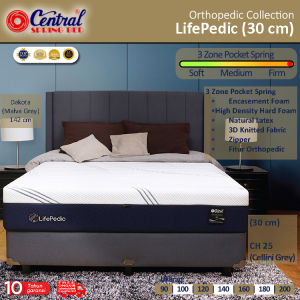 PanenRaya Central Springbed Lifepedic Orthopedic 3 Zone Pocket Spring Encasement Foam Hard Density Foam Natural Latex (30 cm) Extra Firm Sandaran Dakota Divan CH25 Grey *Free Ongkir Jabodetabek Saja