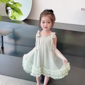 【Cheap Clearance 】Girls Korean summer dress Childrens bow mesh princess dress Baby sleeveless dress