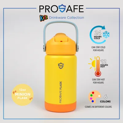 ProSafe Flask 12oz for Kids (Customizable Laser Engraving with Name on Sip Water Bottle with Straw for Hot and Cold)