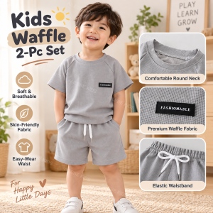 AILEBE Kids Sets Terno Summer Waffle Short Sleeve T-Shirt And Shorts 2Pcs Set Soft Breathable Skin-Friendly Letter Print Round Neck Wide Elastic Waist Dual-Purpose Crotch Casual OOTD Pambahay Pang Gala Toddler Kids Clothes