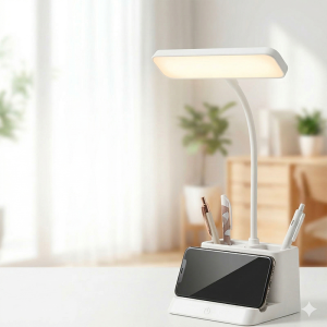 Tonys Multifunctional 3-in-1 LED Desk Lamp Rechargeable Plug in Dual Use 3 Color Dimmable Eye Protection with Dual Pen Holder Phone Stand Flexible Gooseneck Study Lamp