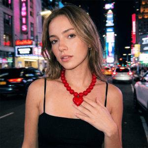 HEALMEYOU Round Beaded Necklace Acrylic Solid Cream Color Clavicle Chain Chunky Style Lightweight Heart Pendant Choker For Women