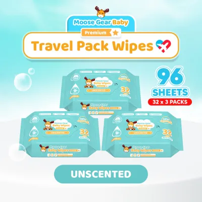 Moose Gear Baby Wipes Premium Unscented 96sheets 3PACKS w/ Vitamin E & Aloe Extract Thick & Soft
