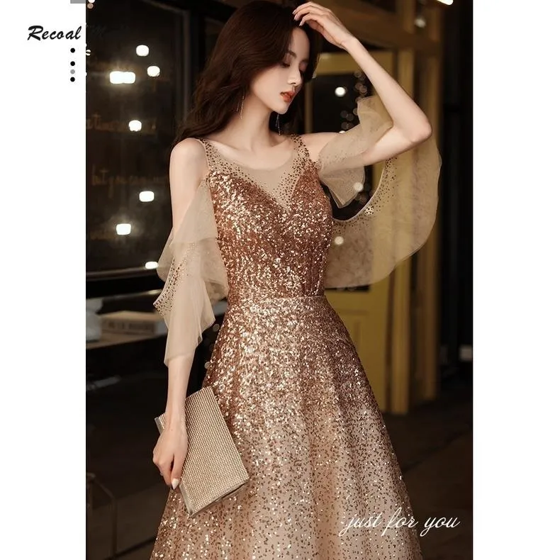 Champagne Gold Sequin Evening Dress Elegant Off Shoulder V-neck