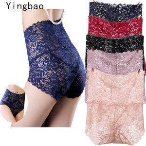 กางเกงชั้นในลูกไม้เซ็กซี่สำหรับผู้หญิงขนาดบวกเอวสูงชุดชั้นในเซ็กซี่และใสขนาดใหญ่สีชมพูสีดำ
