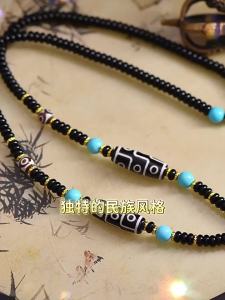 New Hot-Selling Thai Buddha Amulet Chain Tibetan Thangka Cultural Necklace Three-Eyed Nine-Eyed Round Bead Black Agate Dzi Buddha Amulet Chain