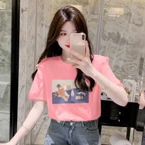 LHSunday Newww🌷เสื้อยืดคอกลม เสื้อยืดคอกลมแฟชั่นผู้หญิง เสื้อยืดสไตล์เกาหลี ผ้าบางเบาระบายอากาศได้ดี เสื้อแขนพองแต่งระบายลูกไม้ เสื้อยืดคอกลมที่สาวๆต้องมี 🧸