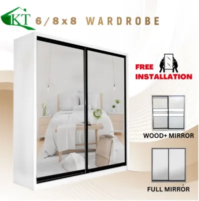 FREE INSTALL KT furniture: Almari Baju Wardrobe Sliding Door Anti-Jump Cabinet Clothes 8ft x 8ft / 6ft x 8ft | 8x8 6x8