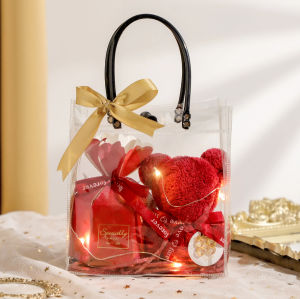 Túi quà tặng kèm gấu bông hộp quà giấy rơm kim tuyến trang trí cao cấp