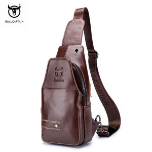 BULLCAPTAIN Mens Leather Chest Bag Multi-Compartment 7.9 Inch Tablet Messenger Bag Casual Retro Soft Cowhide Bag