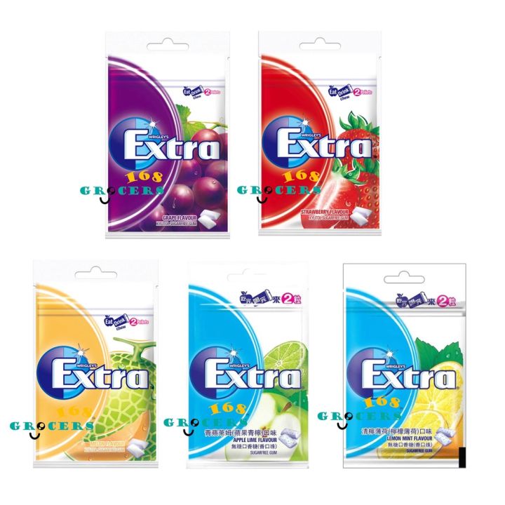 Five small packs of Wrigley's Extra chewing gum with different fruit flavors are displayed, including grape, strawberry, melon, apple lime, and lemon mint, likely representing the grocery discounts and price-lock initiative in Hong Kong.