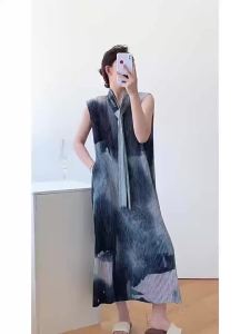 L215 Pleated WomenS Summer Sleeveless Vacation Style Printed Dress Age-Reducing Slimming Loose One Size (45-75kg)