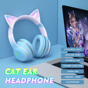 [Diskon 30%] Bluetooth Earphone Wireless Headphones  Cute Cat Ear  Foldable  LED Color Light  HiFi Stereo  Headset Bluetooth