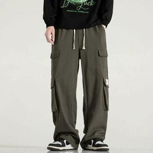 Pocket Cargo Pants For Men Solid Color Overalls Loose Straight Sports Trousers Korean Fashion