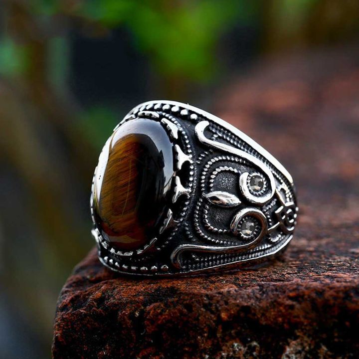 Vintage Totem Tiger Eye Stone Black Diamond Men Punk Fashion Jewelry Silver  Titanium Steel Finger Rings Lazada PH