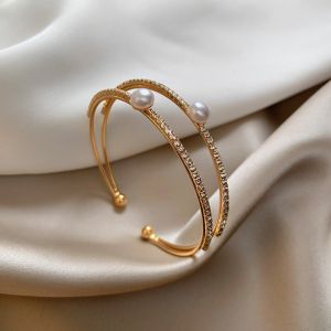ICNWIEN Pearl Opening Bangles Double-layer Bridal Jewelry Rhinestone Bracelet Fashion Hand Ring Wrist Ornament Ladies