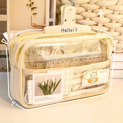 Kotak Pensil Transparan Aesthetic Pencil Case Large Tempat Pensil Pen Pouch Lucu Stationery Organizer