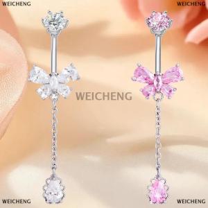 [COD] WEICHENG Fashion Zircon Belly Button Rings Stainless Steel Butterfly Heart Navel Piercing Shiny Crystal Belly Ring For Women Body Jewelry
