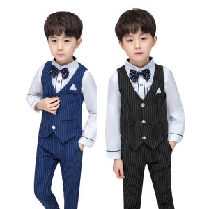 LOlanta 4PCs Kids Boy Gentleman Stripe Formal Suit White T-shirt Black Blue Stripe Set Children Birthday Party Wedding Clothing 2-14 Years