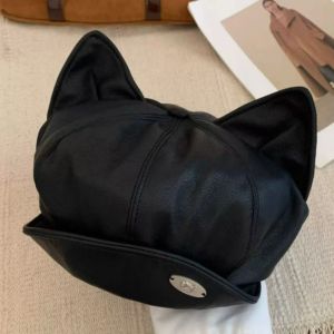 NEXTYOO PU Leather Cat Ear Beret Retro Style Cute Ear Design Newsboy Cap Elegant Black/Coffee Painter Hat For Women Girls