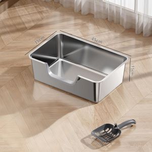 Stainless Steel Large Litter Oversized Open Cat Toilet Anti-Splash Extra Large Cat Poop Basin