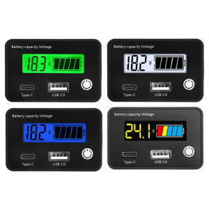 LCD Display Power Monitor with QC3.0 USB Type C Port for Electric Vehicle Solar Car Lithium Lead Acid Batteries