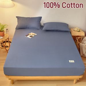 【Super low price】Cotton Fitted Sheet with Elastic Band Anti-Slip Mattress Cover for Single Double Queen King Bed Adjustable Plain Fitted Bedsheet