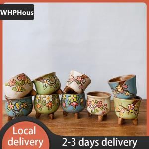 [COD] WHPHous Ship within 24 hours Korean Simple Fleshy Flower Pot Ceramic Hand-painted Fresh Thumb Pot Coarse Pottery Permeable Pot Peach Egg Flesh Flower