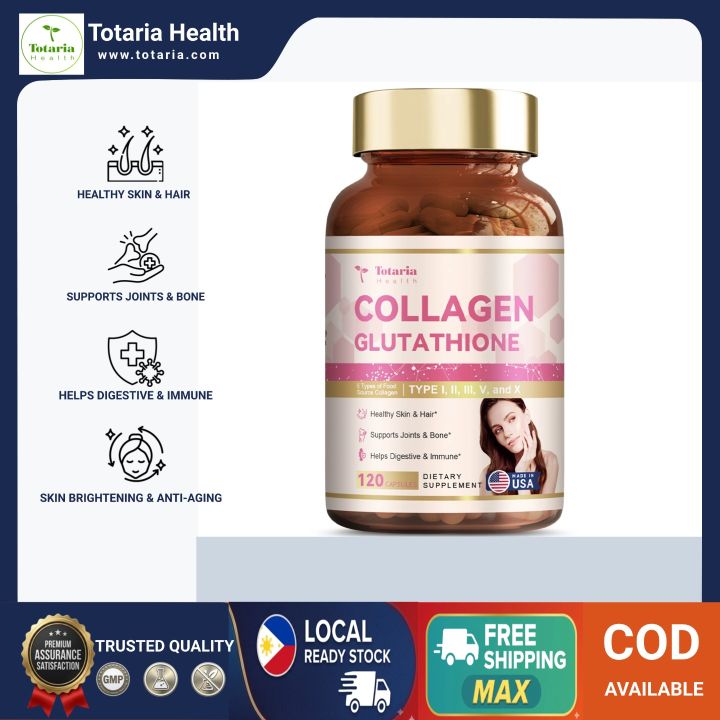 Totaria Collagen & Glutathione Capsules for Skin Brightening, Anti-Aging & Joint Health | Natural Beauty & Antioxidant Supplement | 120 Capsules