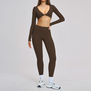 MUTUER 2PCS phòng tập thể dục tay áo dài Yoga Set Phụ nữ Thể thao Quần áo chạy Quần luyện tập Crop Top Sports Suit
