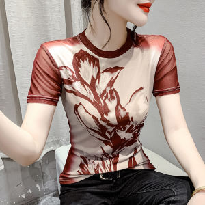 YIMEI Retro printed womens T-shirt short sleeved summer new 2024 round neck Guangzhou mesh top