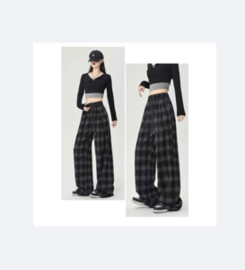 Quần nữ kẻ karo ống rộng chất dạ dày dặn Quần caro vải dạ dày dặn cạp chun co giãn thỏa mái