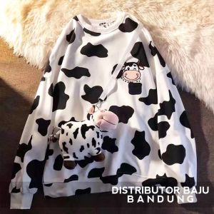 Sweater Logo Bordir Sapi Lucu | Korean Style Cow Sweatshirt Oblong Terbaru | Bahan Fleece Tebal Dan Lembut | Allsize