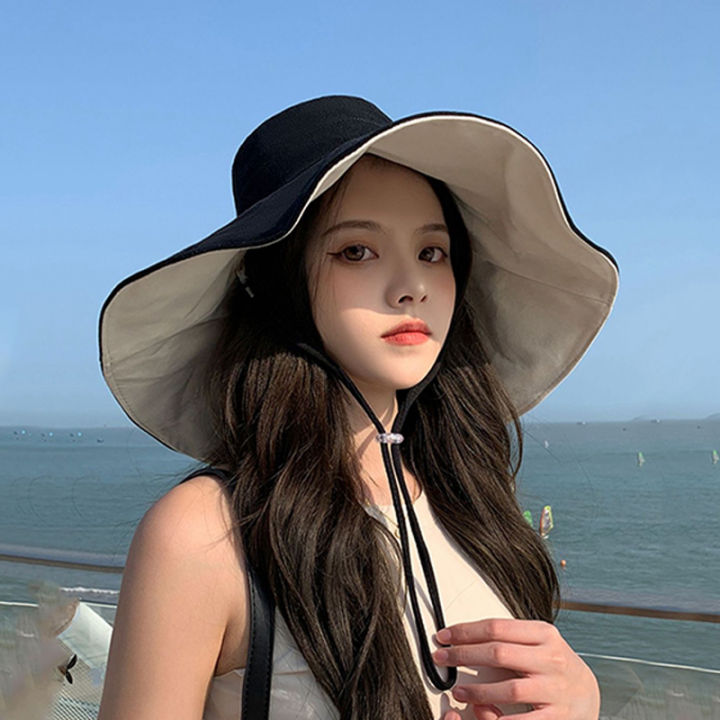 Topi Pantai Wanita Korea Lebar Dua Warna Lipat Pelindung Sinar UV