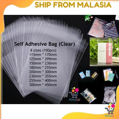 [8 Saiz] 100 keping Beg Plastik OPP Lekat Sendiri / 8 Saiz Beg Plastik Lutsinar OPP dengan Pita Pelekat / 100 pcs OPP Self Adhesive Plastic Bag/ 8 Sizes Clear OPP Plastics Bag with Tape adhesive